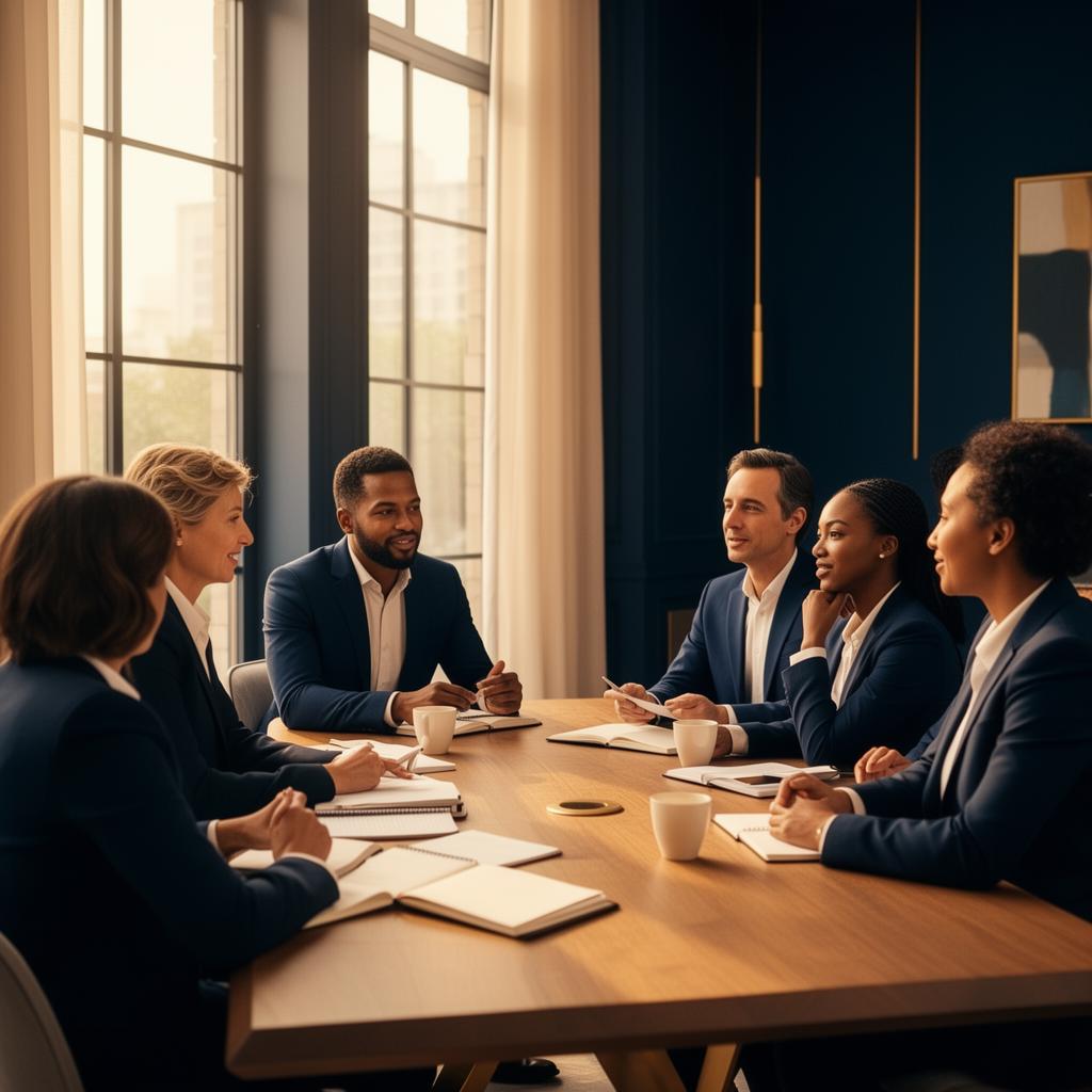 Diverse business leaders collaborating in a modern, elegant meeting space