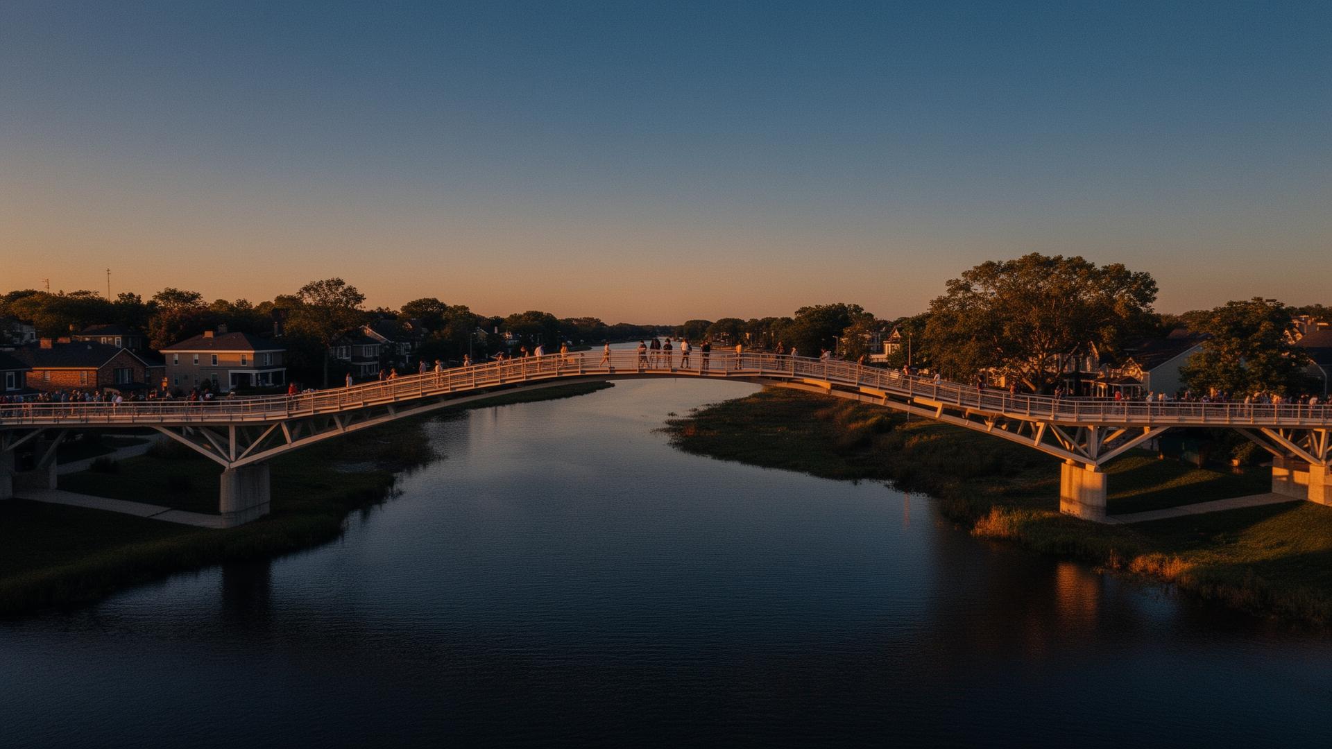 A bridge connecting two communities at golden hour